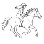 Page de coloriage d&rsquo;un cheval de travail, champion de course, une femme chevauchant au galop
