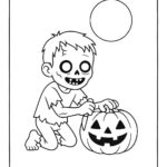Page à colorier d&rsquo;un enfant zombie, rampante effrayante sculptant une citrouille d&rsquo;Halloween