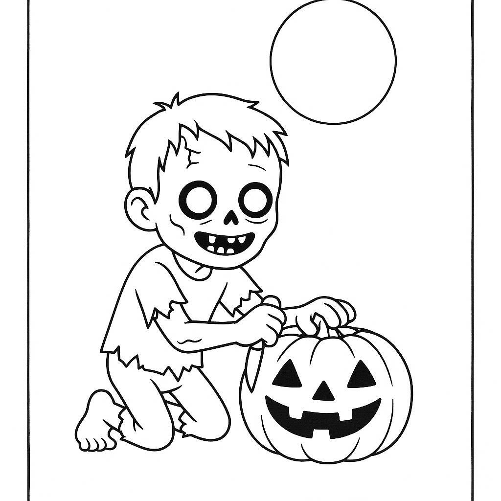 Coloring page of a zombie child, creepy crawler carving a jack-o-lantern