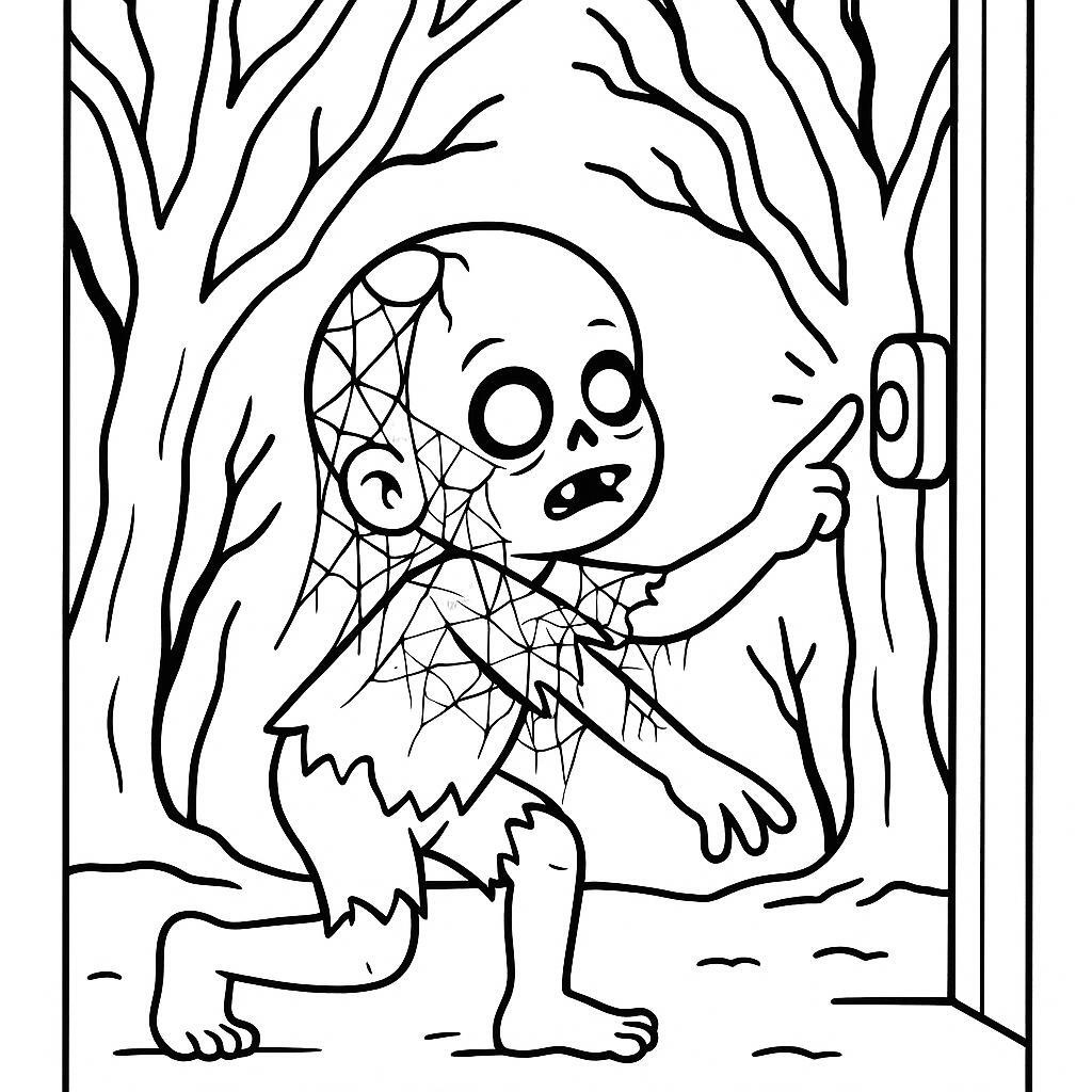 Coloring page of a zombie child, creepy crawler ringing a doorbell