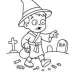 Page de coloriage d&rsquo;un enfant zombie, magicien magique traversant un cimetière