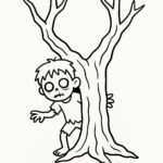 Page à colorier d&rsquo;un enfant zombie, monstre effrayant caché dans un arbre effrayant