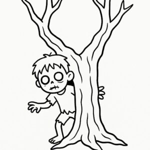 Coloring page of a zombie child, spooky monster hiding in a spooky tree