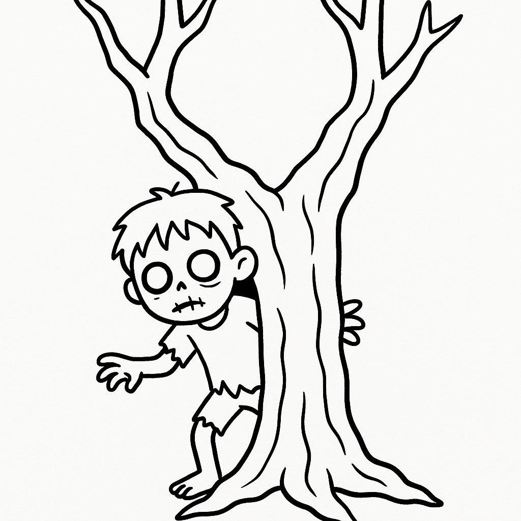 Coloring page of a zombie child, spooky monster hiding in a spooky tree