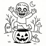 Page à colorier d’un enfant zombie, farceur ou friandise, sautant hors d’une citrouille