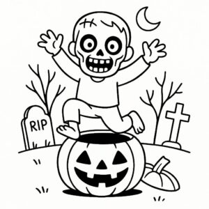 Coloring page of a zombie child, trick-or-treater jumping out of a pumpkin