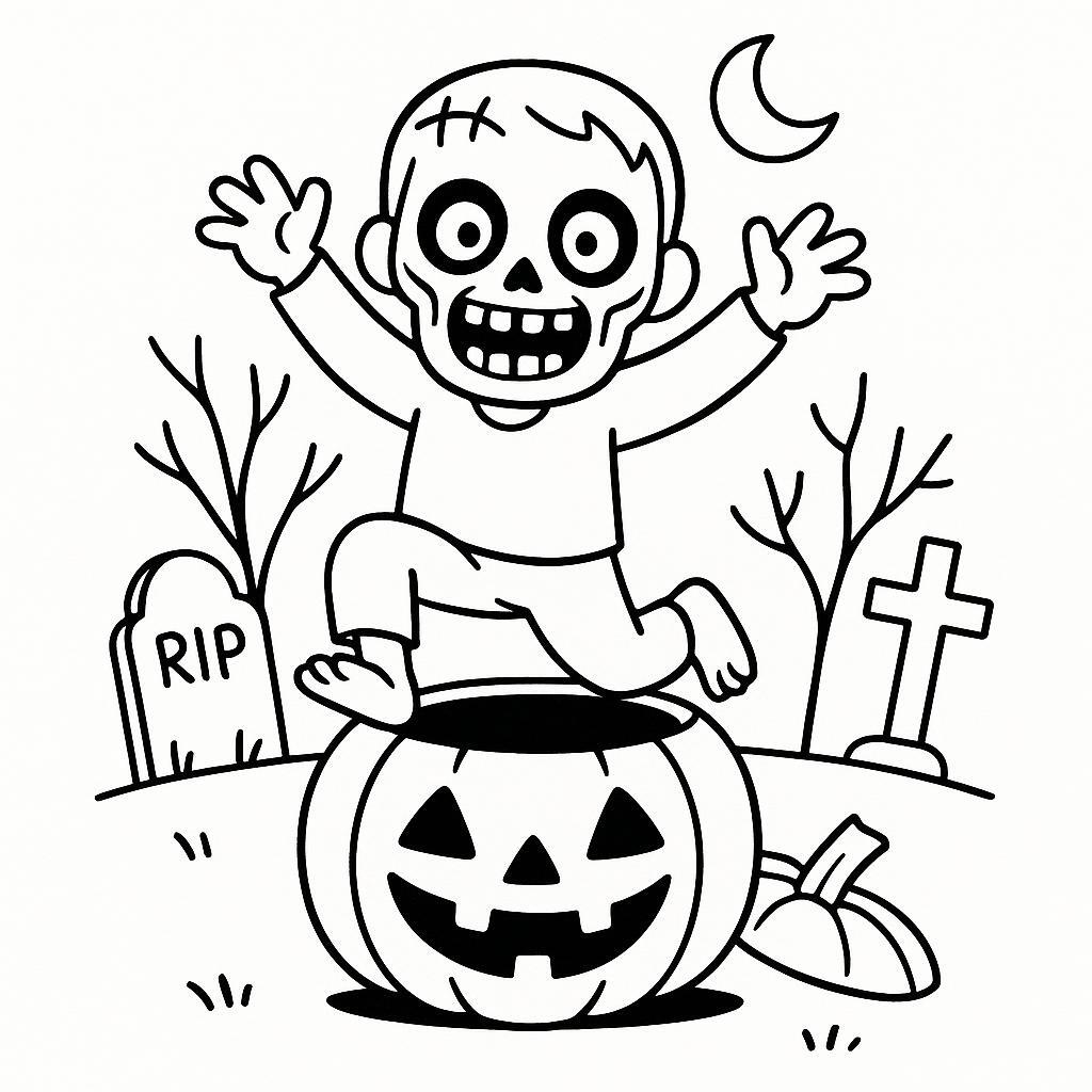 Coloring page of a zombie child, trick-or-treater jumping out of a pumpkin