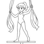 Page à colorier d’un artiste acrobate, artiste de soie aérienne, en équilibre sur une poutre