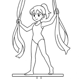 Coloring page of a acrobat performer, aerial silk performer balancing on a beam