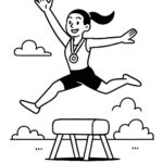 Page de coloriage d’un acrobate, artiste de soie aérienne s’élançant d’un saut