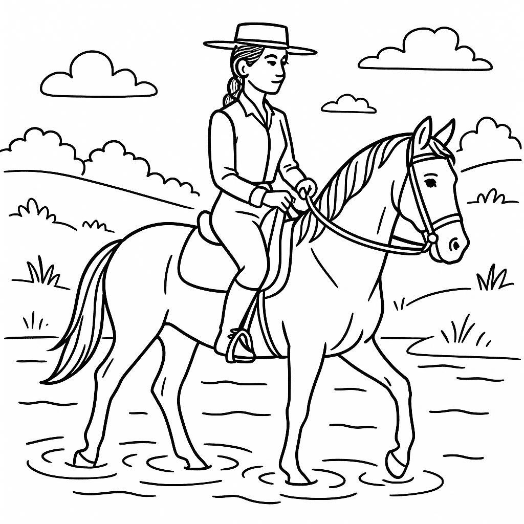 Coloring page of a Andalusian young woman on horseback, equestrian athlete crossing a river