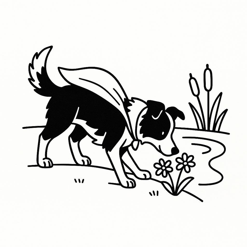 Coloring page of a Border Collie dog, loyal companion sniffing flowers