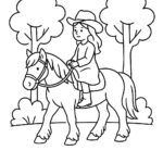 Page à colorier d&rsquo;une cavalière Clydesdale, fille du village sur un poney, traversant une forêt