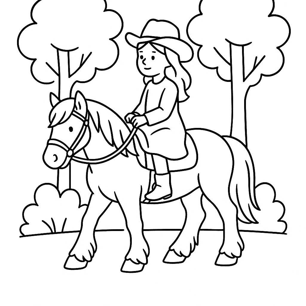 Coloring page of a Clydesdale female rider, village girl on a pony riding through a forest