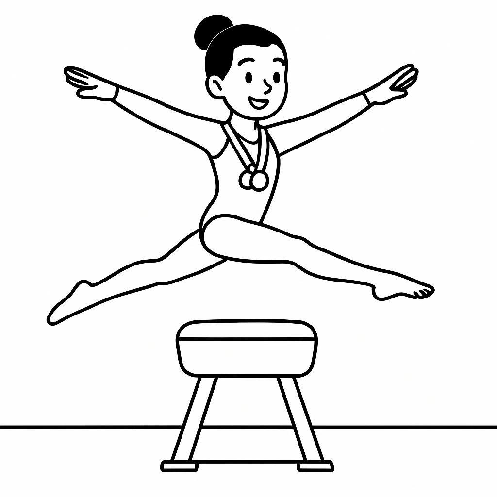 Coloring page of a competitive gymnast, trampoline gymnast leaping off a vault