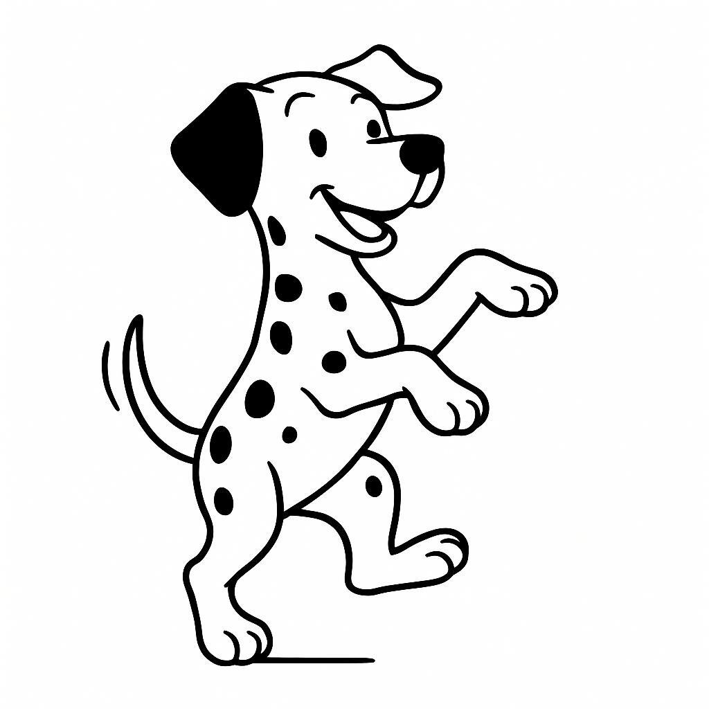 Coloring page of a Dalmatian dog, playful friend jumping in excitement