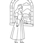 Page de coloriage d’une princesse enchantée, héroïne courageuse regardant par la fenêtre d’une tour