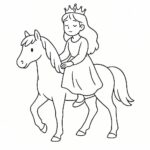 Page à colorier d’une princesse enchantée, douce rêveuse montant un cheval blanc