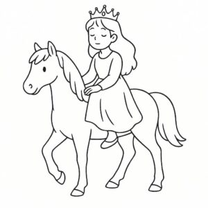 Coloring page of a enchanted princess, gentle dreamer riding a white horse