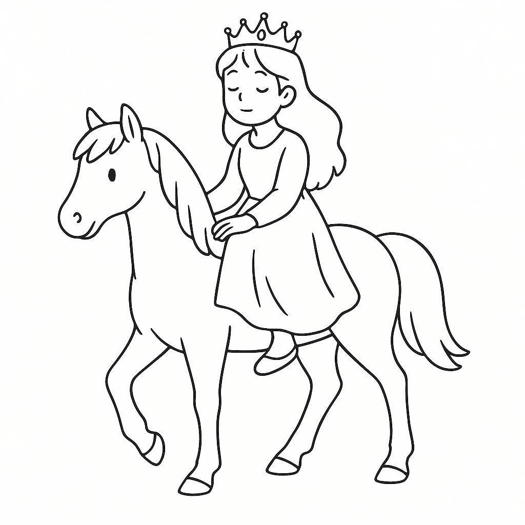 Coloring page of a enchanted princess, gentle dreamer riding a white horse
