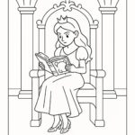 Page à colorier d&rsquo;une héroïne de conte de fées, héroïne courageuse lisant un livre ancien