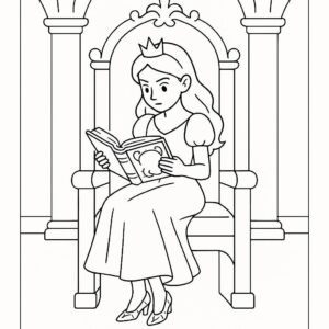 Coloring page of a fairy-tale heroine, brave heroine reading an ancient book