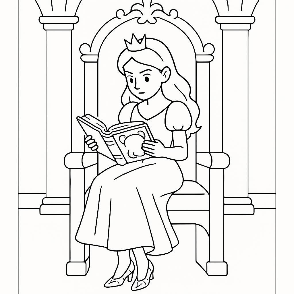Coloring page of a fairy-tale heroine, brave heroine reading an ancient book