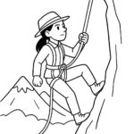 Page à colorier d’une archéologue femme, alpiniste escaladant une falaise avec des cordes