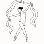 Page de coloriage d’une danseuse, danseuse contemporaine se déplaçant avec des écharpes fluides