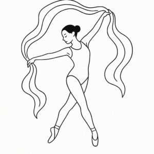 Coloring page of a female dancer, contemporary dancer moving with flowing scarves