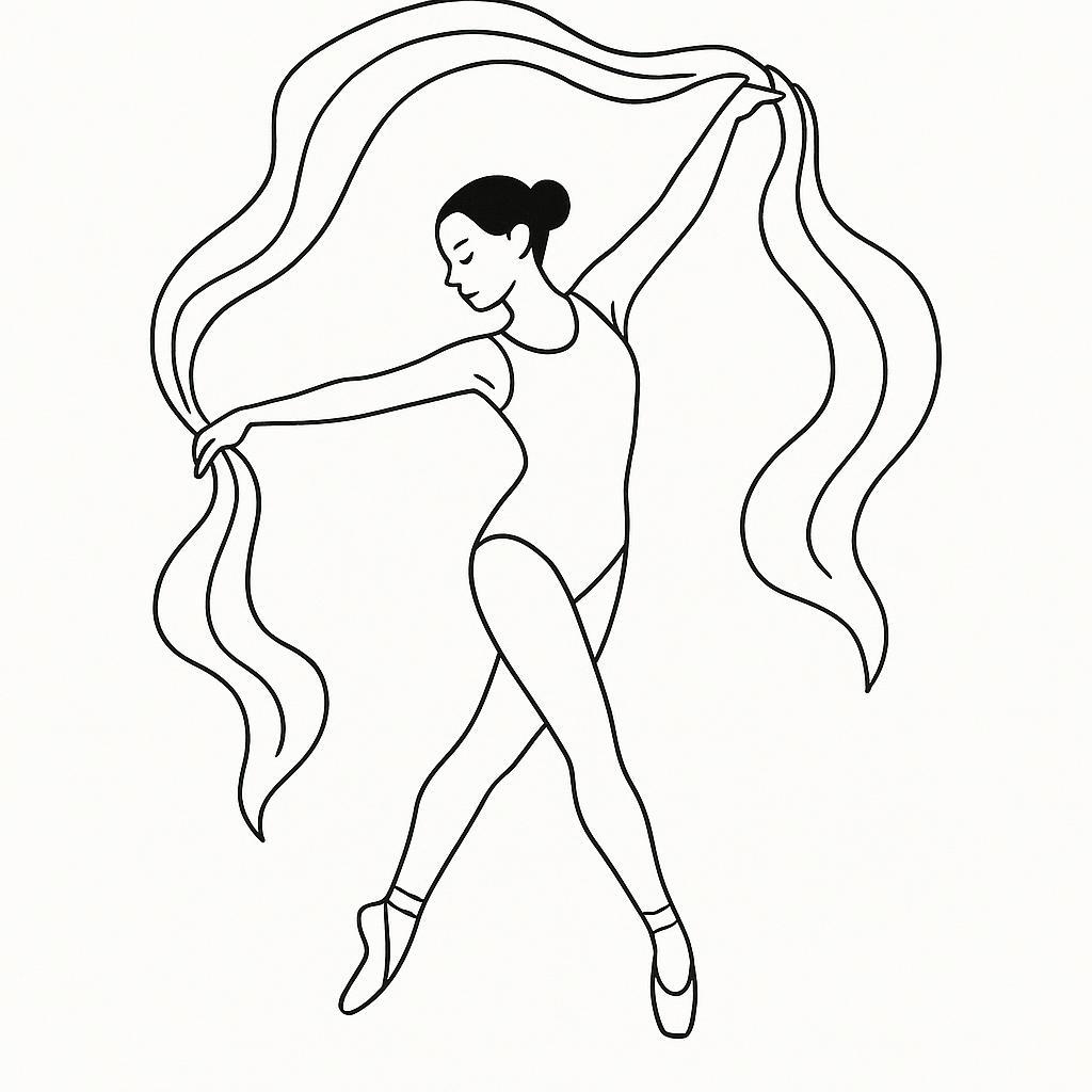 Coloring page of a female dancer, contemporary dancer moving with flowing scarves