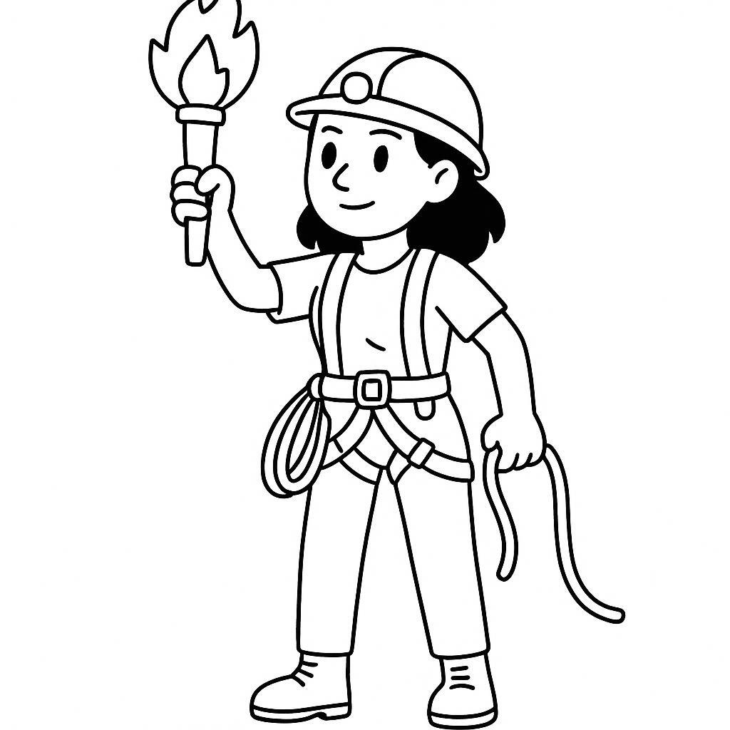 Coloring page of a female explorer, cave explorer holding a torch in the dark