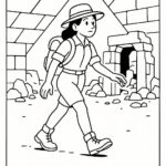 Page à colorier d&rsquo;une exploratrice, exploratrice de grottes traversant des ruines
