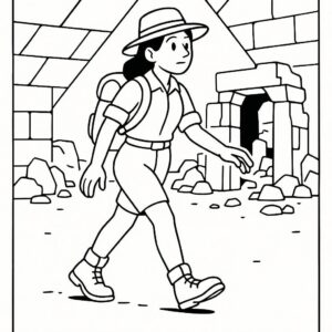 Coloring page of a female explorer, cave explorer walking through ruins