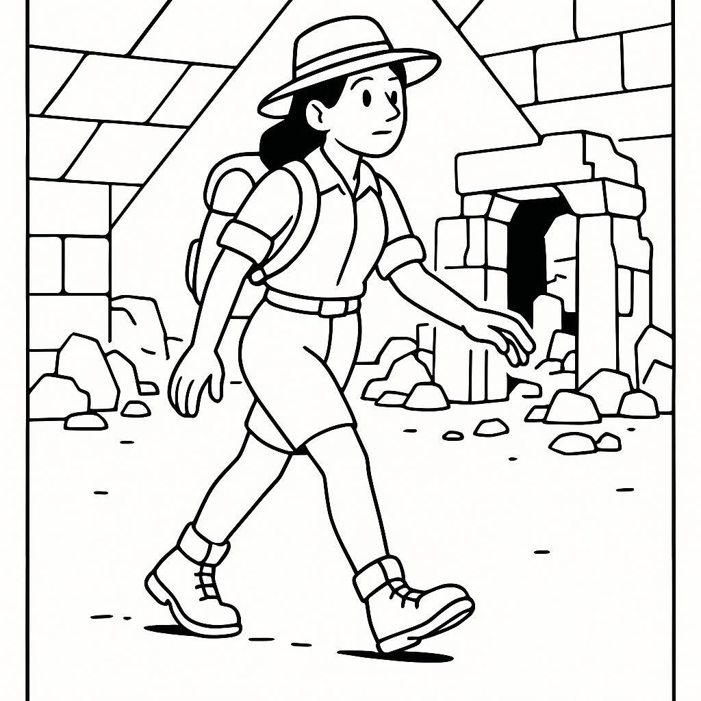 Coloring page of a female explorer, cave explorer walking through ruins
