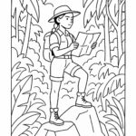 Page de coloriage d&rsquo;une exploratrice, lectrice de carte, debout sur un sommet de montagne