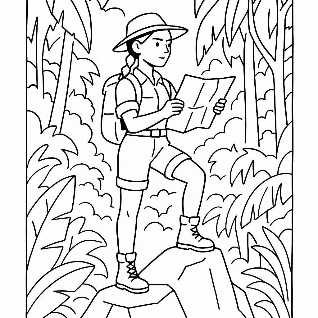 Coloring page of a female explorer, map reader standing on a mountain peak