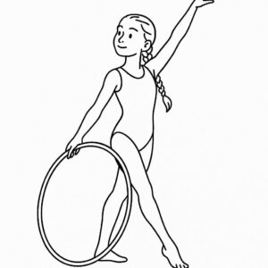 Coloring page of a female gymnast, rhythmic gymnast posing with a hoop
