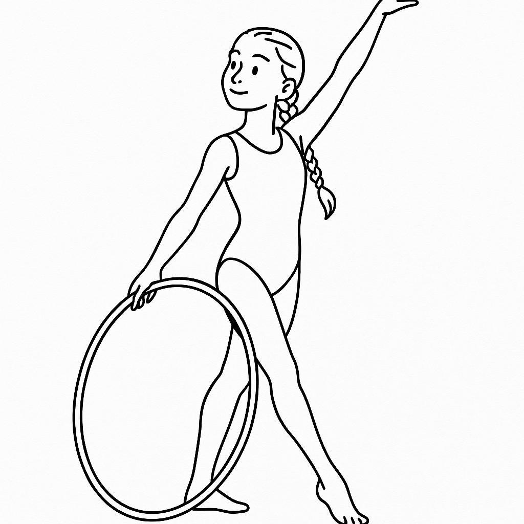 Coloring page of a female gymnast, rhythmic gymnast posing with a hoop