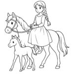 Page à colorier d&rsquo;un poulain, douce jument, une femme en robe élégante