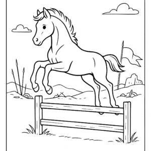 Coloring page of a foal, wild stallion jumping over a fence