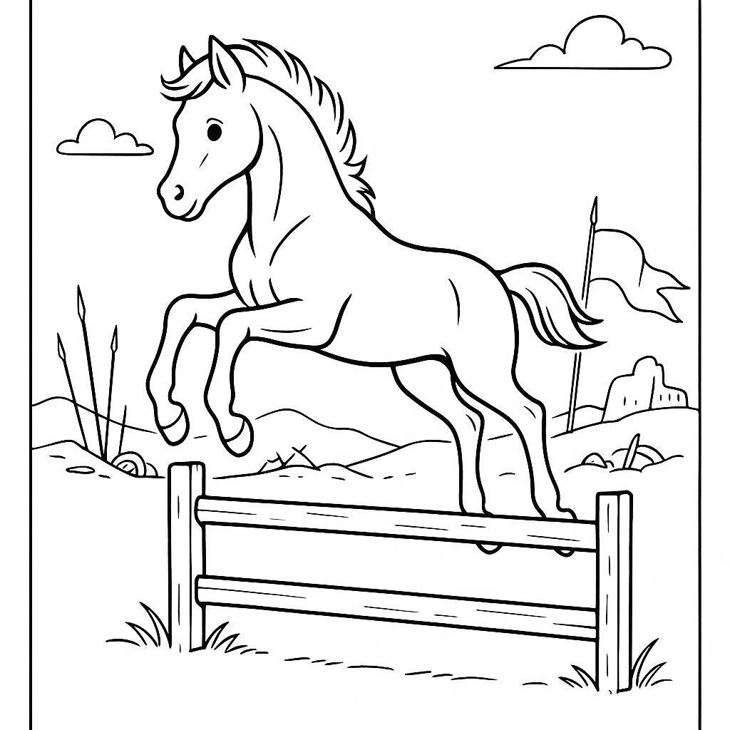 Coloring page of a foal, wild stallion jumping over a fence