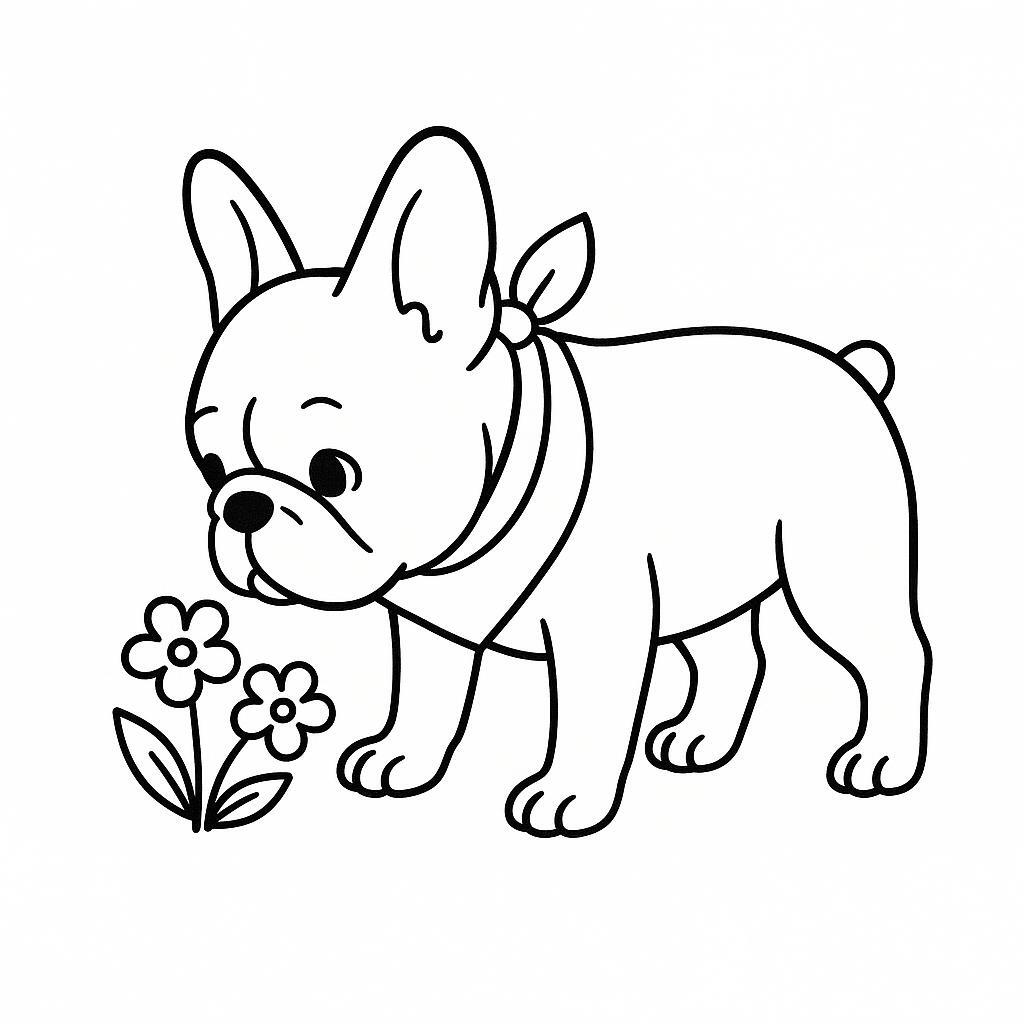 Coloring page of a French Bulldog dog, curious explorer sniffing flowers