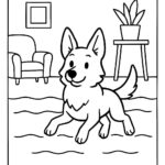 Page à colorier d&rsquo;un chien Berger Allemand, fidèle compagnon nageant dans un lac