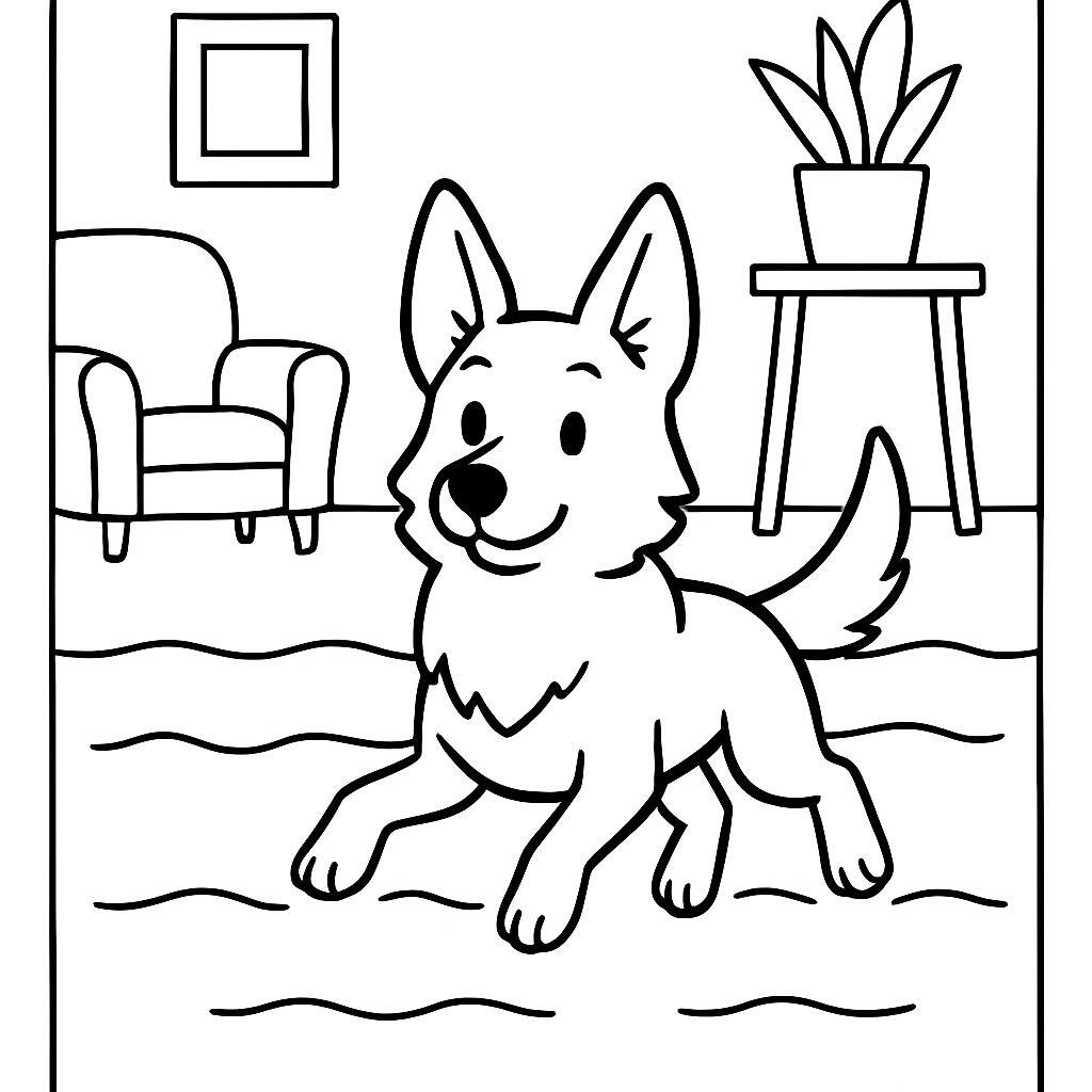 Coloring page of a German Shepherd dog, loyal companion swimming in a lake