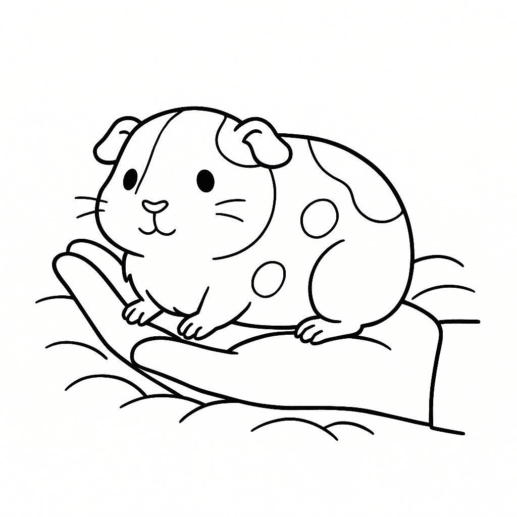 Coloring page of a guinea pig, snuggly buddy resting on a human hand