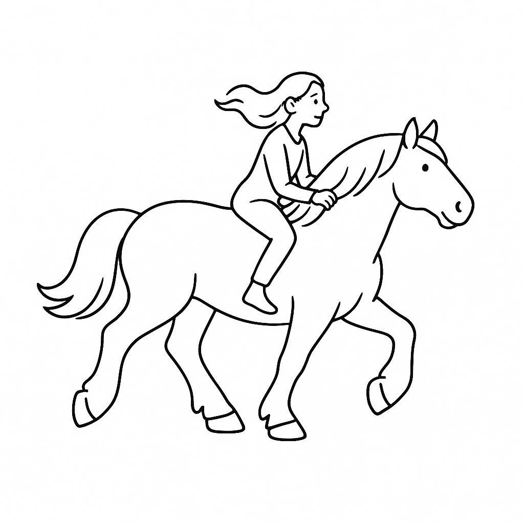 Coloring page of a horse, draft horse a woman riding at full gallop