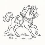Page à colorier d&rsquo;un cheval, puissant destrier galopant à travers un champ