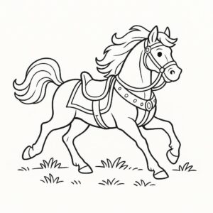 Coloring page of a horse, mighty warhorse galloping through a field