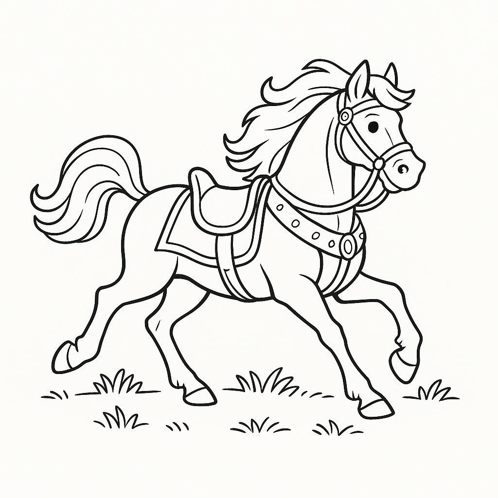 Coloring page of a horse, mighty warhorse galloping through a field